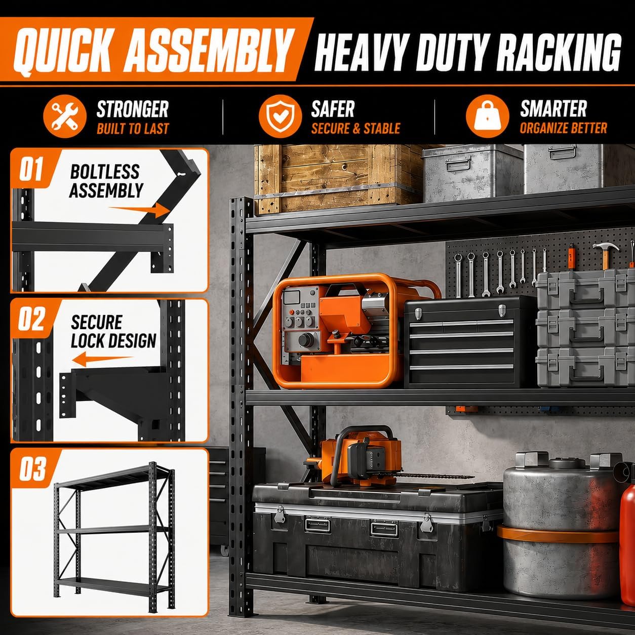 67' W Garage Shelving Heavy Duty, 6000LBS Metal Storage Shelves with Anti-Fall Rails, 3-Tier Adjustable Storage Rack, Industrial Garage Storage Shelf for Warehouse, Basement, Workshop
