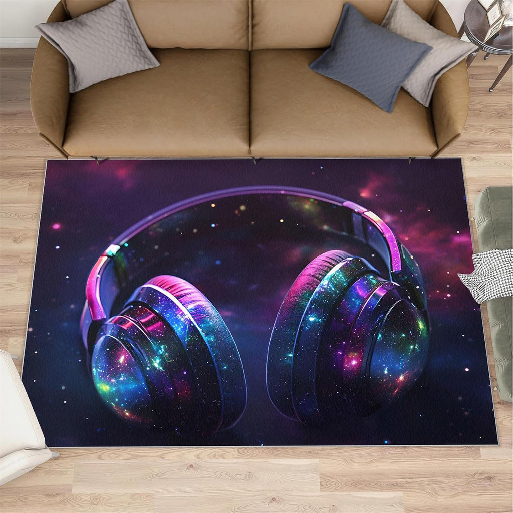 Headphones Rugs for Bedroom, Trendy Headphones Rug 6x8, Music Lover Dining Room Rugs Washable & Non Slip Large Carpet for Home Decor