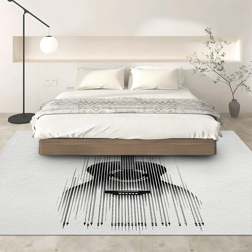 White Washable Area Rug 5' x 7', Abstract Guitar Instrument Black Print Low Pile Carpet 5 x 7 ft Non-Shedding - Non-Slip Robot Vacuum Compatible Rug for Living Room, Office & Home