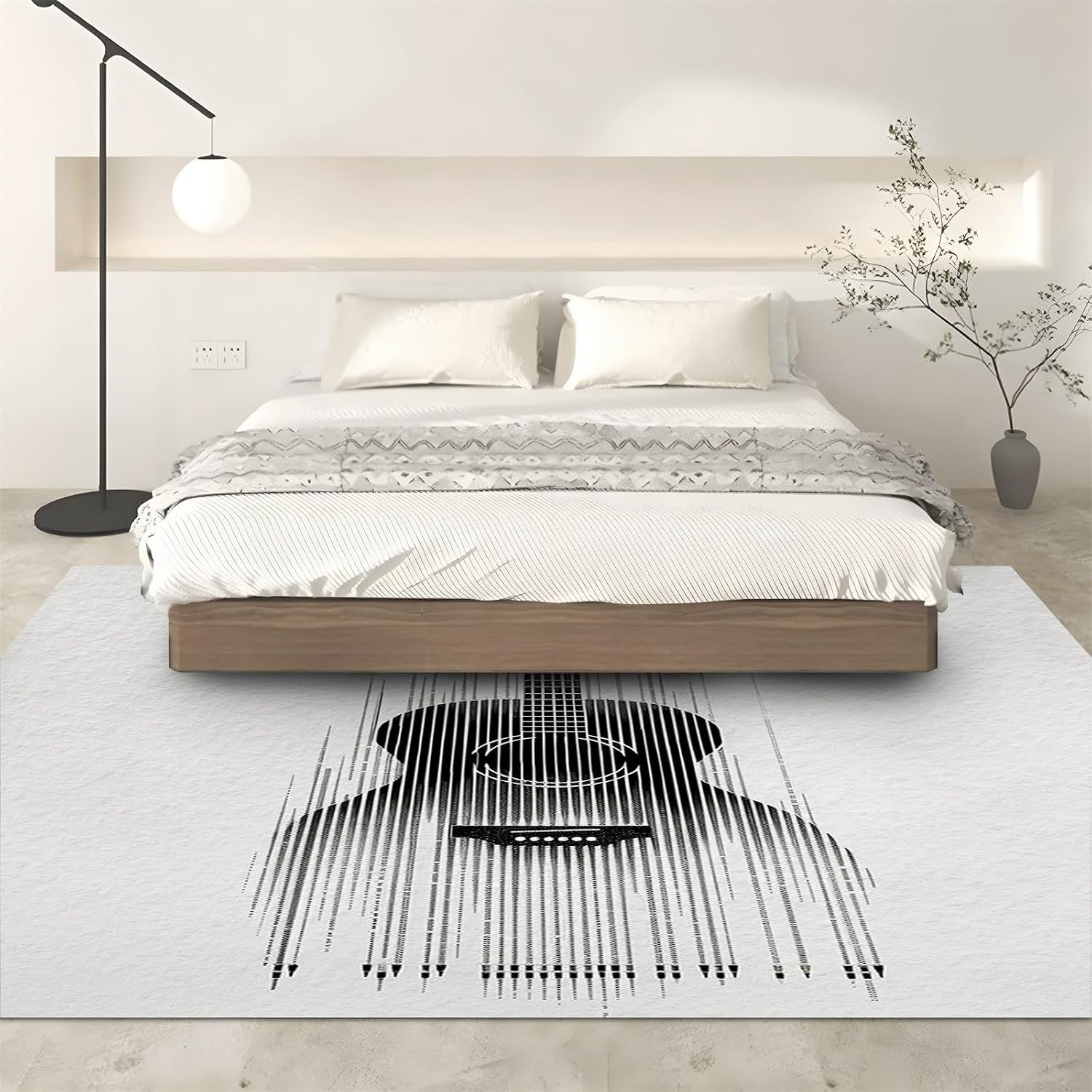White Washable Area Rug 5' x 7', Abstract Guitar Instrument Black Print Low Pile Carpet 5 x 7 ft Non-Shedding - Non-Slip Robot Vacuum Compatible Rug for Living Room, Office & Home