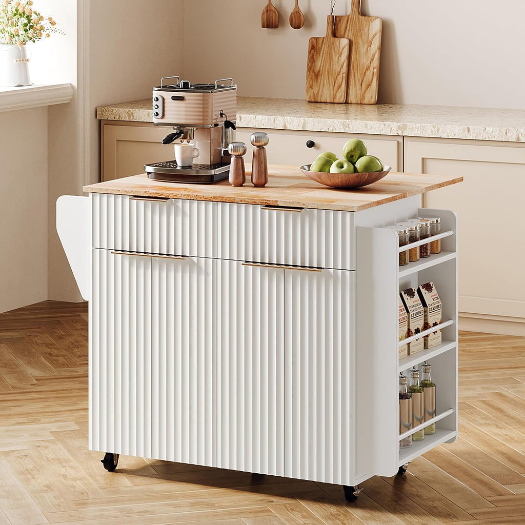 VINGLI Fluted Large Kitchen Island Cart with 2 Draws & 4 Doors, White | Drop-leaf Toptable, Adjuestable Shelves, Towel Bar, 3-tier Side Storage Rack, 360° Rolling Design