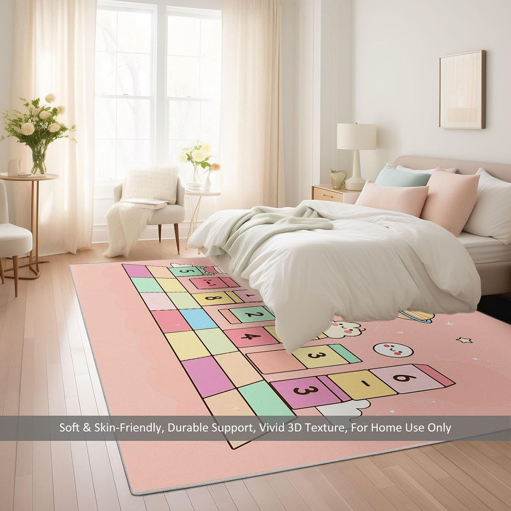 Cartoon Space Geometric Squares Print Area Rug 5 x 7 ft Washable, Pink Non-Slip Floor Mat - Soft Low-Plie Faux Wool Carpet for Bedroom Living Room Kitchen Entryway Pet Friendly Rug