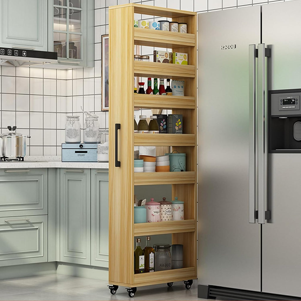 7 Tier Standing-Shelf with Wheels, 5.9/7.9/9.8'', Wooden Slim Storage Cart, Thickened Plate, Scratch-Resistant and Wear-Resistant, for Home, Kitchen, Bakers, Closet, Pantry, Dining Room