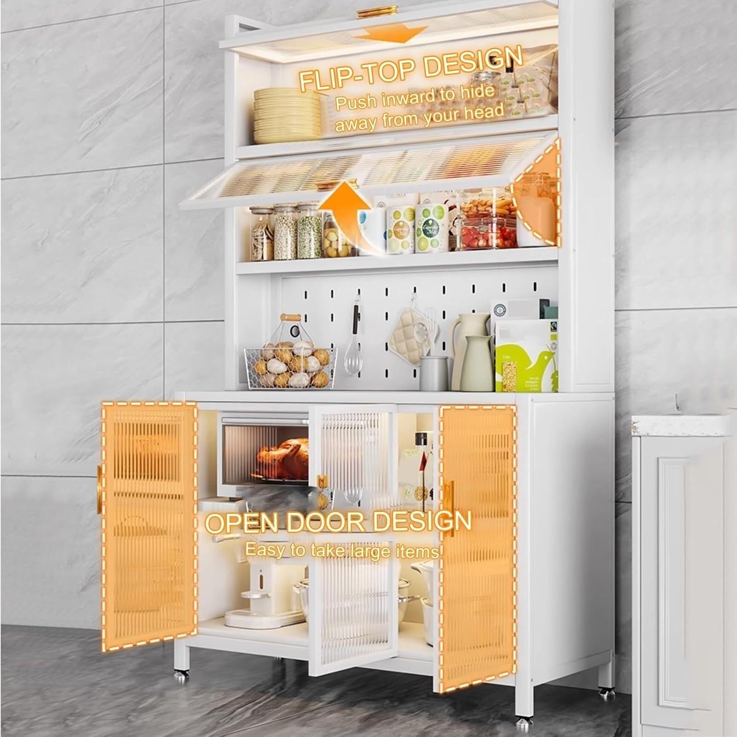 6-Tier Kitchen Bakers Rack with Storage Cabinet, Flip Door, White Microwave Stand with Hooks, Coffee Bar Organizer, 100cm, Carbon Steel Frame(61CM)