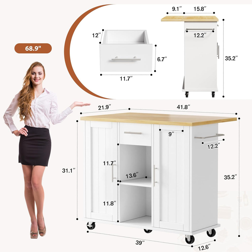 JY QAQA 42' Rolling Kitchen Island Cart with Storage, Drop Leaf Countertop, Drawers & Towel Rack, Mobile Kitchen Table on Wheels for Kitchen Dining Room, White