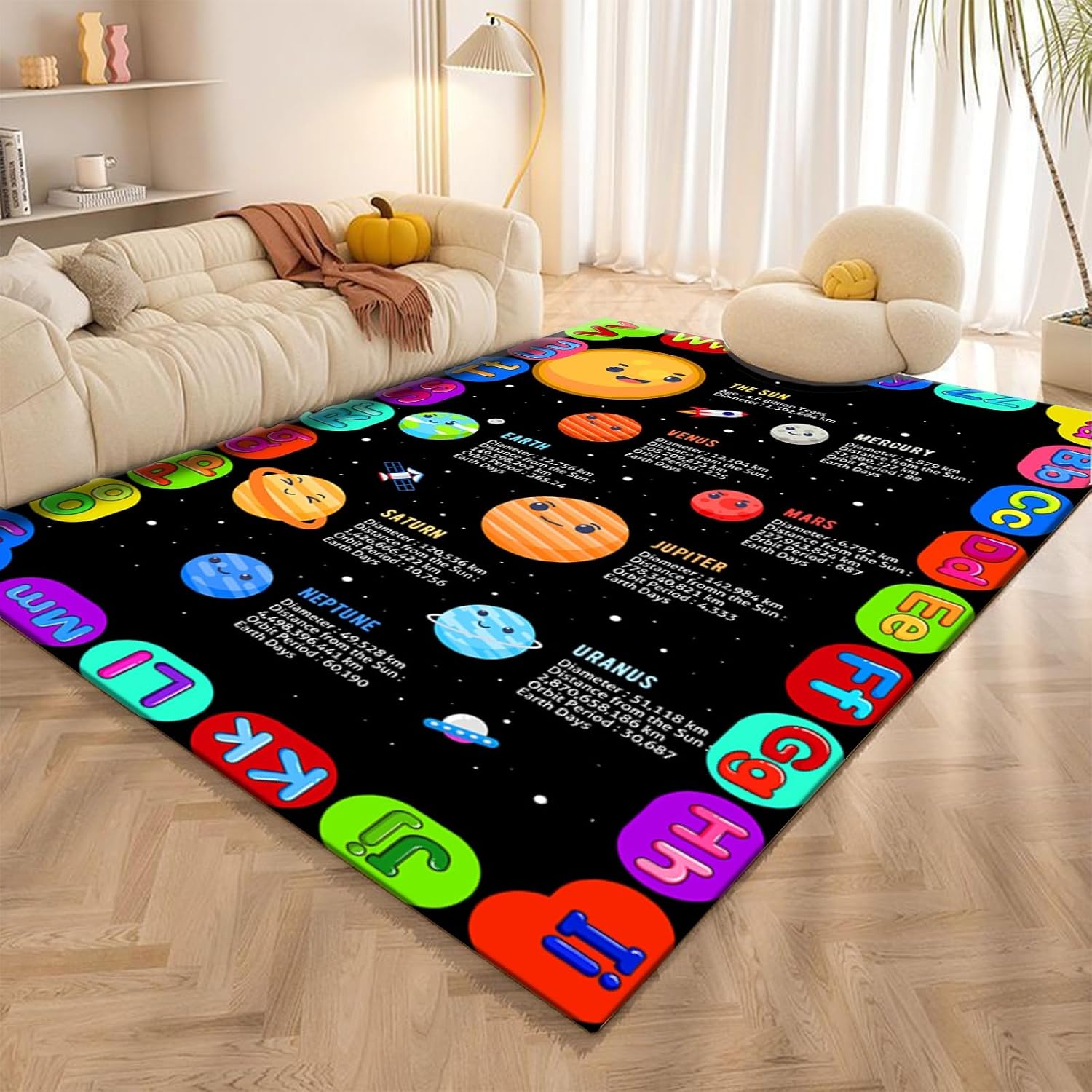 Outer Space Kids Play Area Mat, 6x8ft, Solar System Colorful Alphabet Bedroom Carpet, Learn About Planetary Universe Kindergarten Decor Rug, Absorbent Foldable Rugs for Bedside