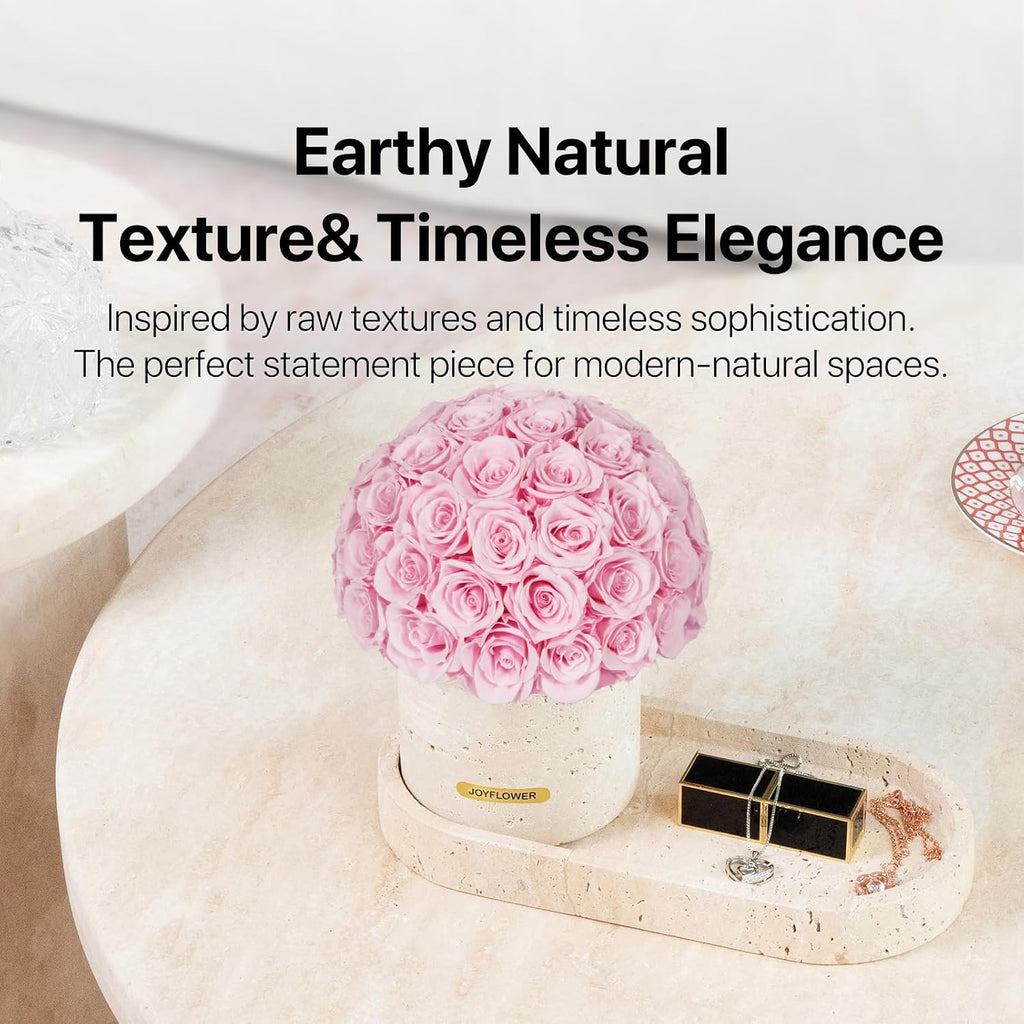 JoyFlower Preserved Flowers Vase, Yellow Travertine Flower Vases & Travertine Tray, Eternal Flower Decorations for Home Living Room Bedroom Coffee Table, Decorative Flower Vase House Decor(Light Pink)