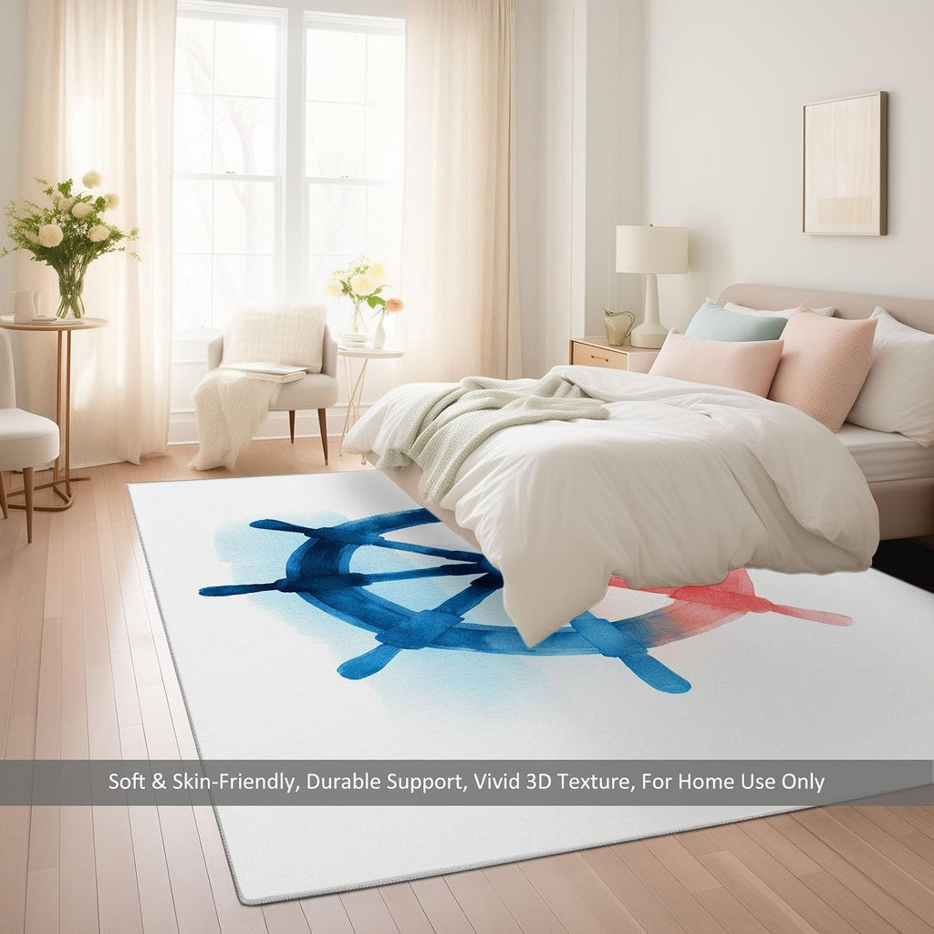 Washable Non-Slip Area Rug 5 x 7 ft, Watercolor Nautical Wheel Print Washable Rugs for Living Room - Soft Nautical Theme Low Pile Carpet for Bedroom Bedside Dining Room Nursery