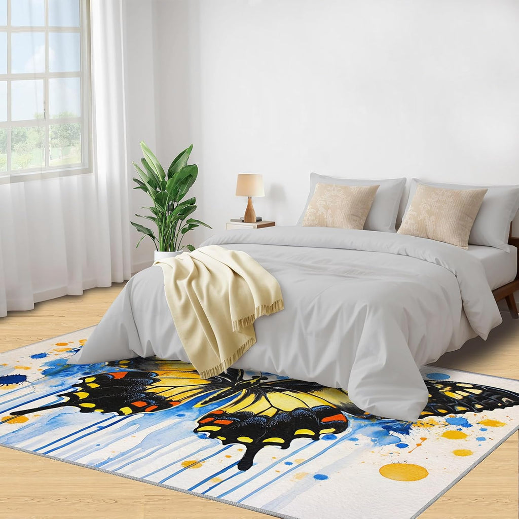 Butterfly Area Rug Large - 6x8 Rug, Moth Rugs for Living Room, Watercolor Carpet, Animal Washable Area Rugs for Bedroom, Kids Carpet, Butterfly Home Decor