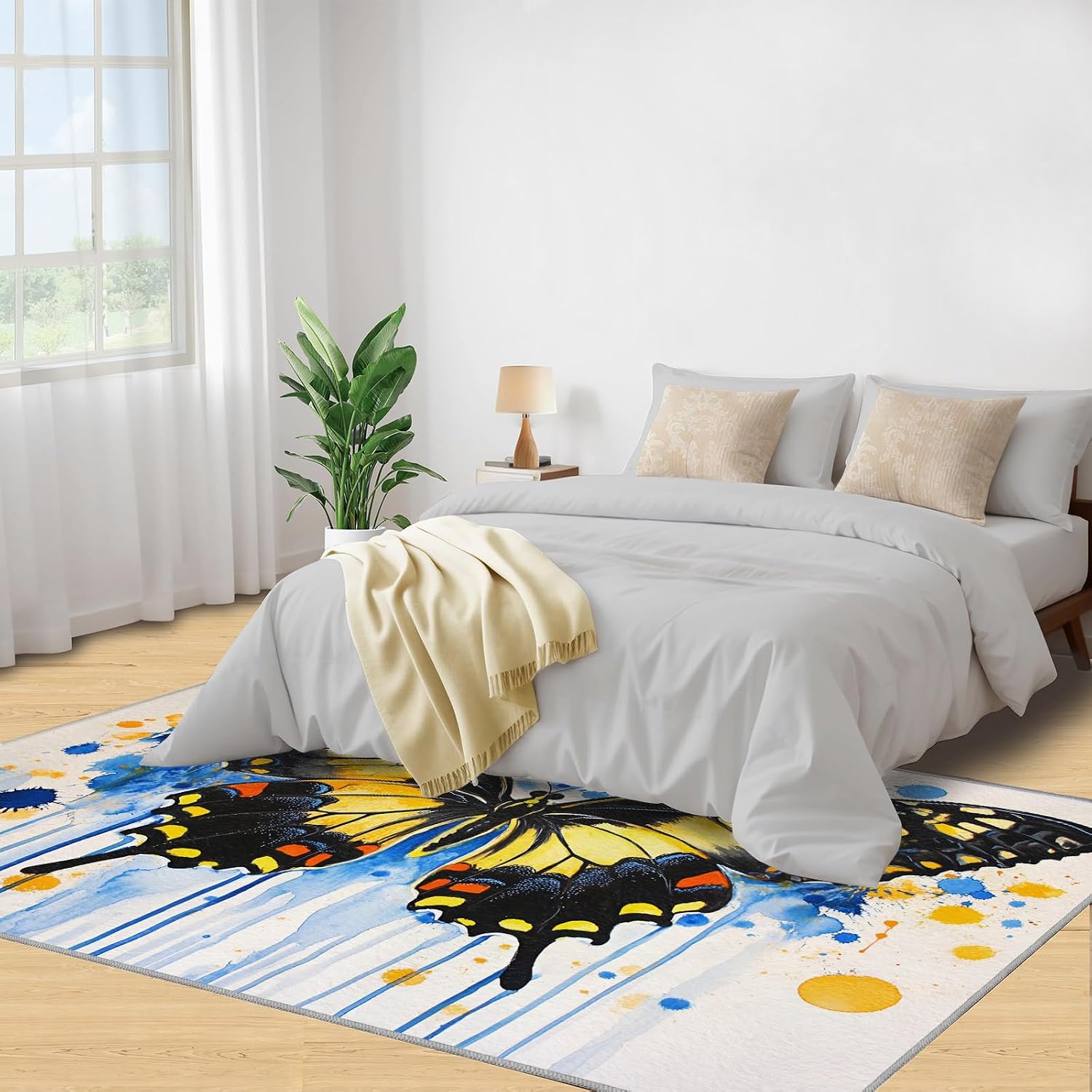 Butterfly Area Rug Large - 6x8 Rug, Moth Rugs for Living Room, Watercolor Carpet, Animal Washable Area Rugs for Bedroom, Kids Carpet, Butterfly Home Decor