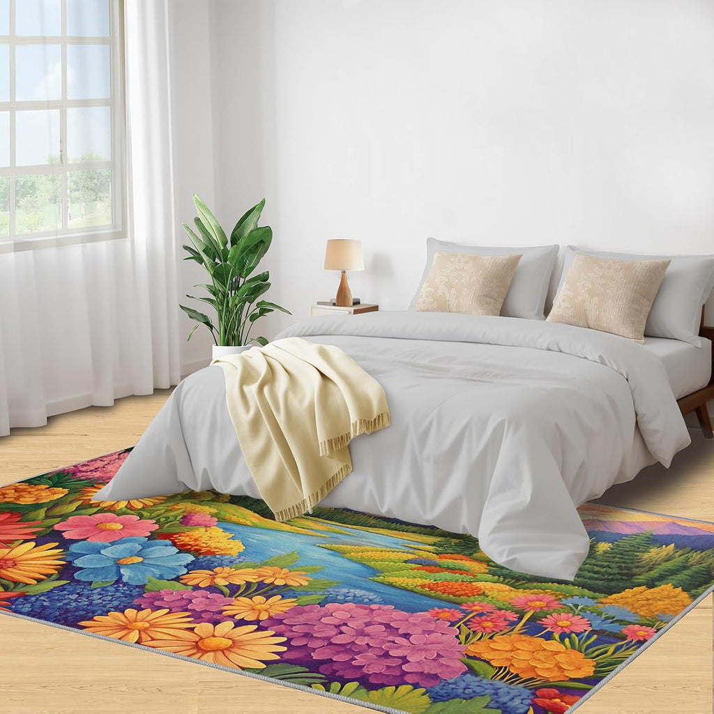 Florals Valley Rugs for Bedroom, Flowers Oil Painting Rug 6x8, Natural Mountains Dining Room Rugs Washable & Non Slip Large Carpet for Home Decor