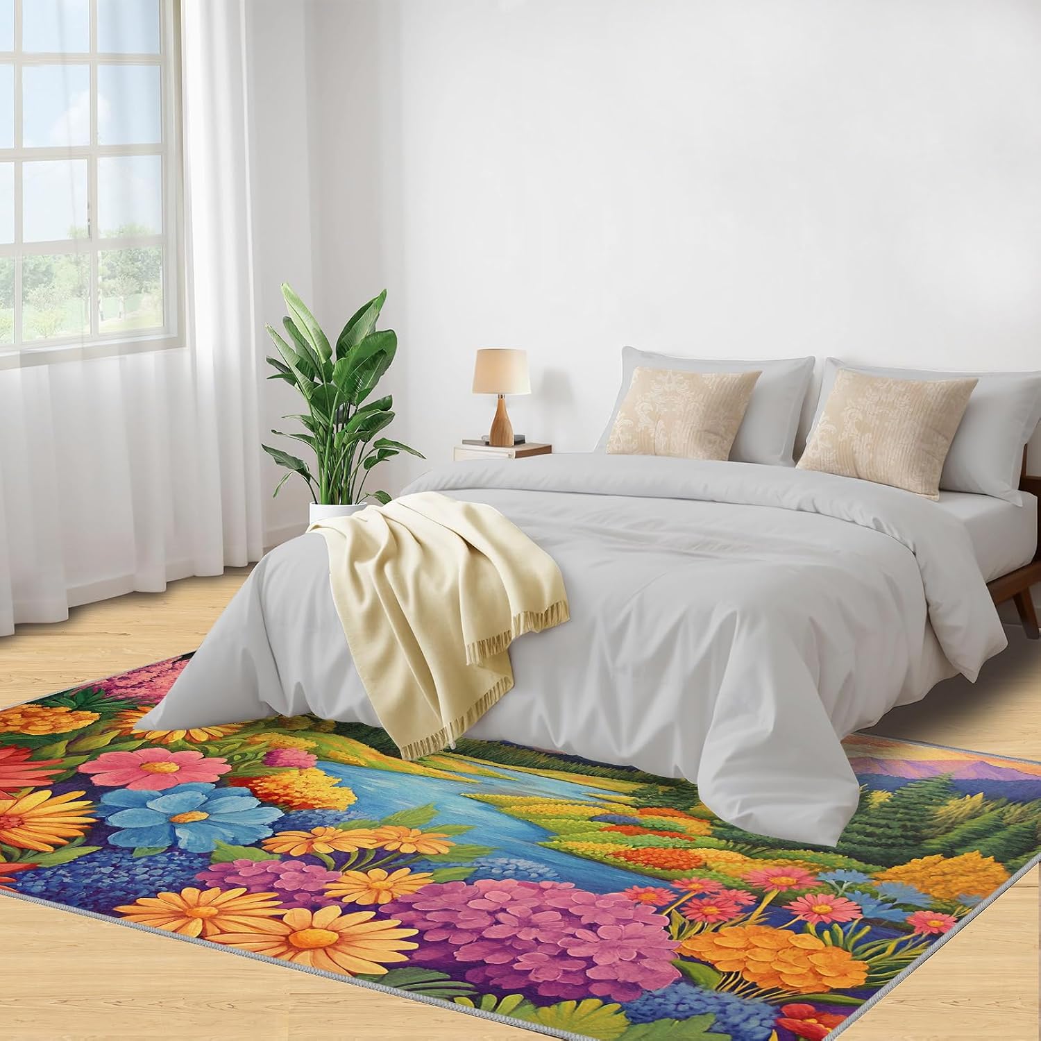 Florals Valley Rugs for Bedroom, Flowers Oil Painting Rug 6x8, Natural Mountains Dining Room Rugs Washable & Non Slip Large Carpet for Home Decor