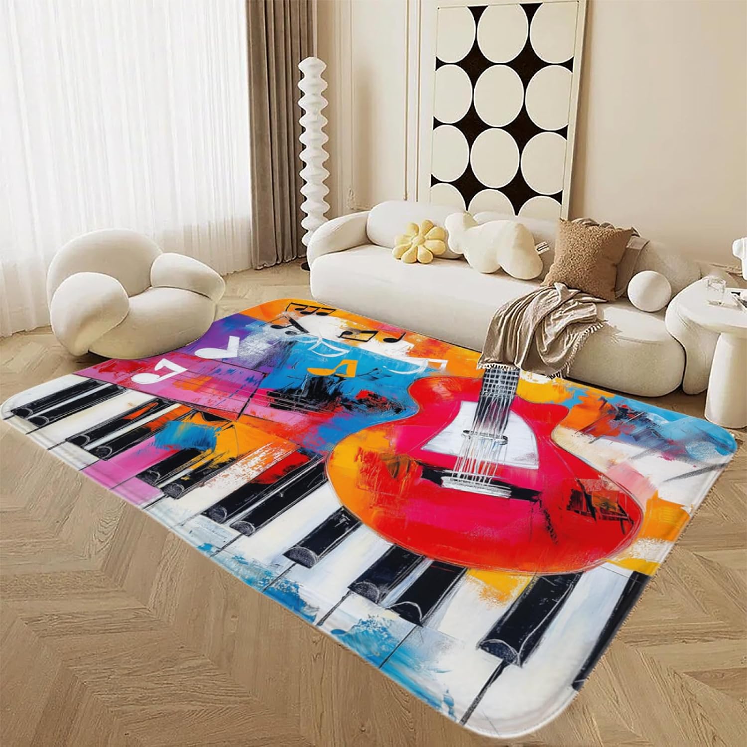 Guitar Rugs for Music Room - Guitar Rug, 6 ft x 8 ft, Abstract Colorful Musical Area, Multicolor, Washable & Non Slip & Soft Large Guitar Home Decor Gifts