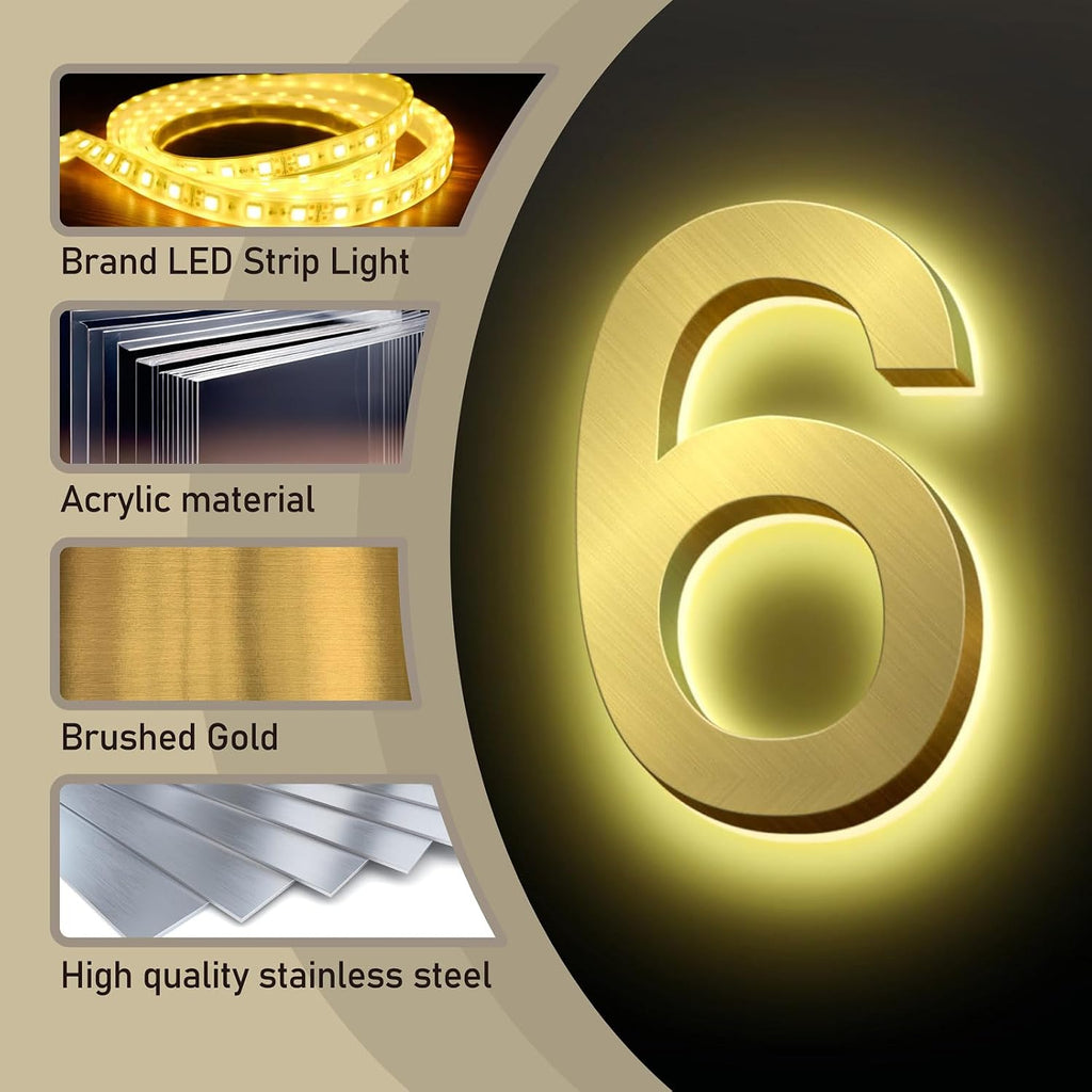 Backlit Illuminated LED House Numbers, Brushed Gold Lighted Address Signs, Modern Weatherproof House Number For Outdoor, Illuminated Address Numbers For Outside