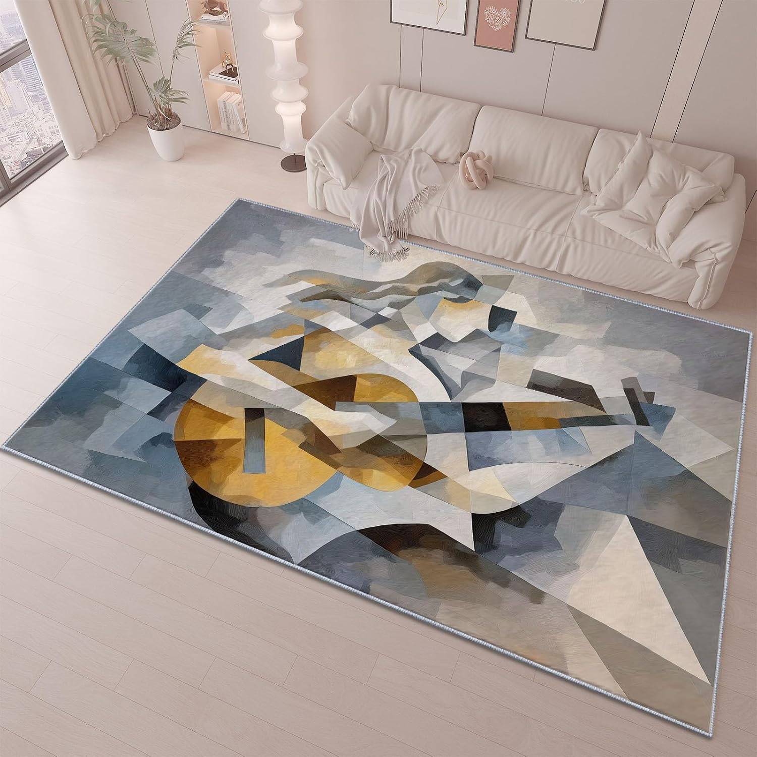 Flannel Anti-Slip Carpet, Music Elements Textures Guitar Girl Printed Design, Flannel Area Rug for Living Room Bedroom Dorm Room Decoration 5 x 8 ft Front Door mat Indoor carpett Colorful