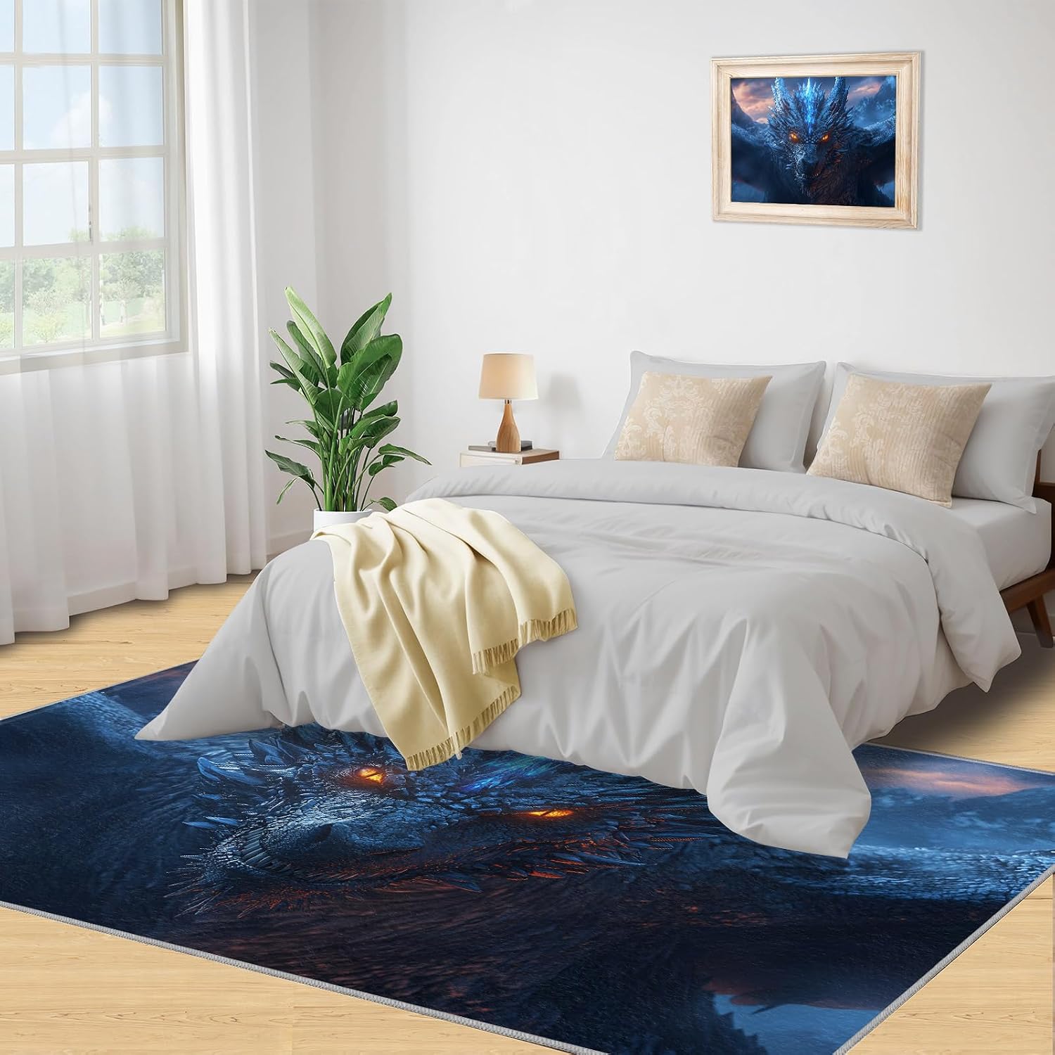 Dragon Rugs for Bedroom, Blue Dragon Area Rug, Fantasy Animal Prints Rugs for Living Room, 6x8 Washable Rug Non Slip & Low Pile, Indoor Carpet & Home Decor