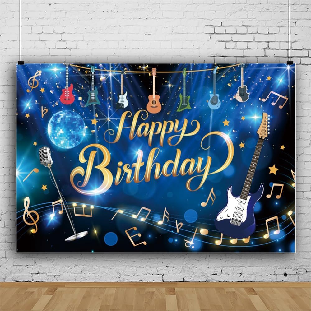 20x10ft Musical Note Guitar Happy Birthday Backdrop Rock and Roll Happy Birthday Party Decorations for Boys Girls Karaoke Themed Banner Supplies Photo Booth Props