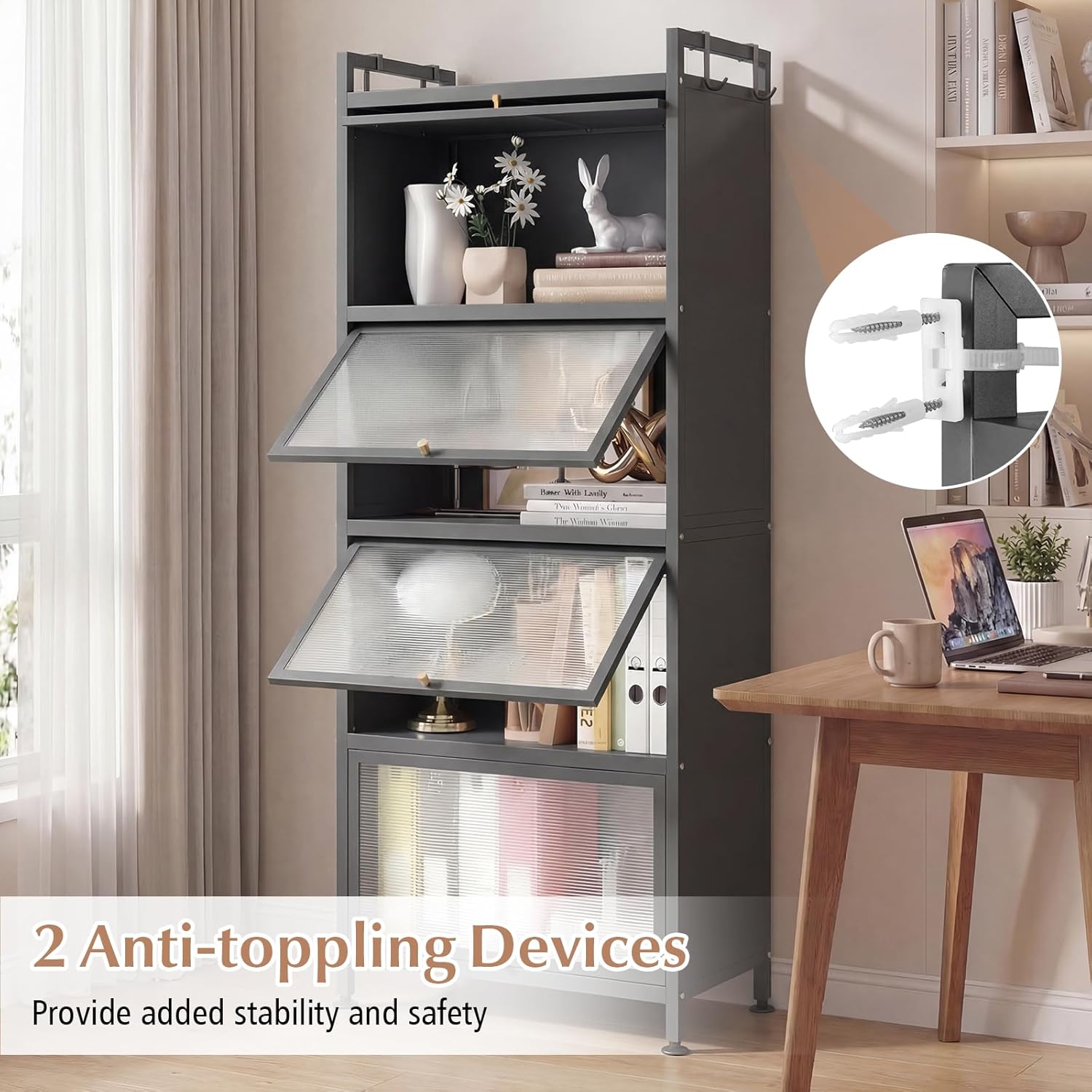 LDAILY 5-Tier Kitchen Storage Cabinet, Mobile Microwave Stand with Metal Frame, Double Anti-toppling Device, 4 Rolling Casters, Freestanding Bakers Rack for Kitchen, Dining Room, Living Room (Grey)