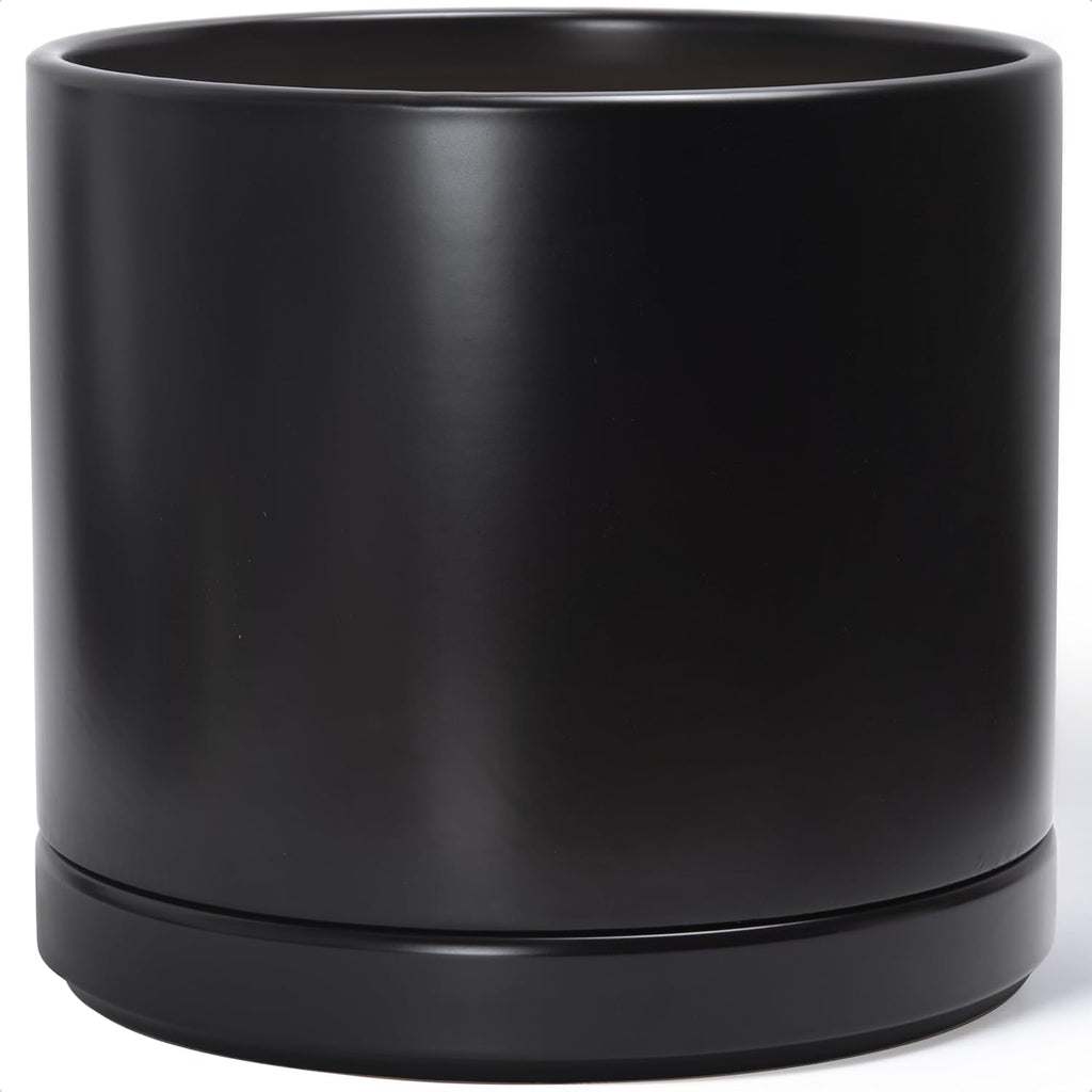 D'vine Dev 16 Inch Ceramic Planter Pot with Drainage Hole and Saucer, Indoor Cylinder Round Planter Pot, Black, 94-O-H-2