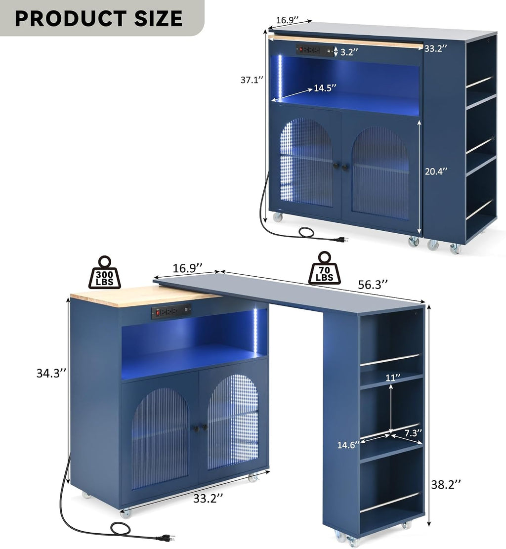 Merax Kitchen Island with Extended Table, Rolling Kitchen Islands Cart with LED Lights, Power Outlets, 2 Fluted Glass Doors, Storage Compartment, and Side 3 Open Shelves (Navy Blue)