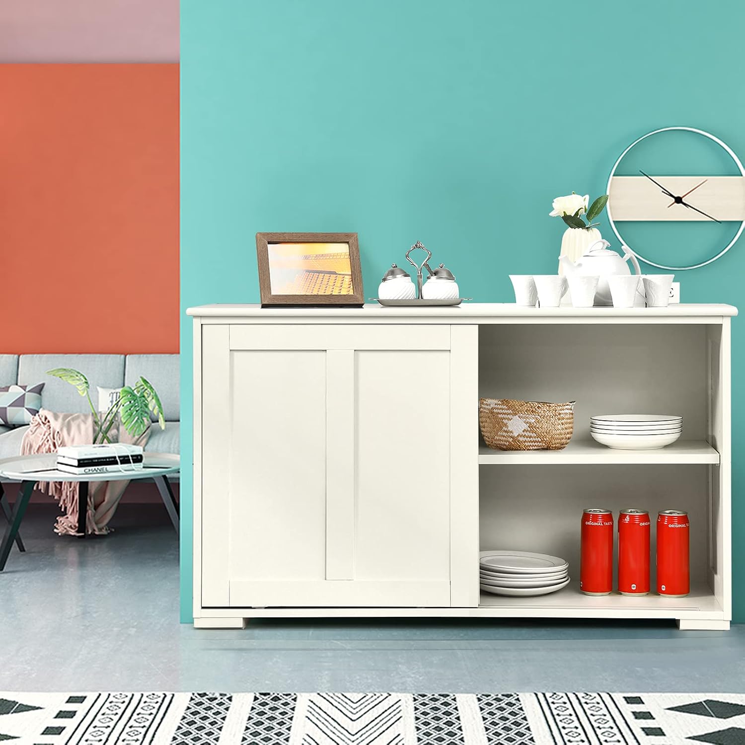 Kitchen Storage Sideboard w/Sliding Door & Adjustable Shelf, Stackable Buffet Cabinet for Entryway, Kitchen, Dining Rome, Antique White