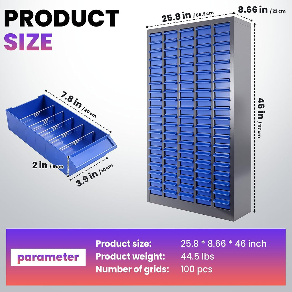 100 Drawers Space-Saving Bolt Bins and Parts Cabinet, 25.8″L×8.66″W×46″H Professional Nut and Screw Organizer, Keeps Garage Tools Neatly Stored