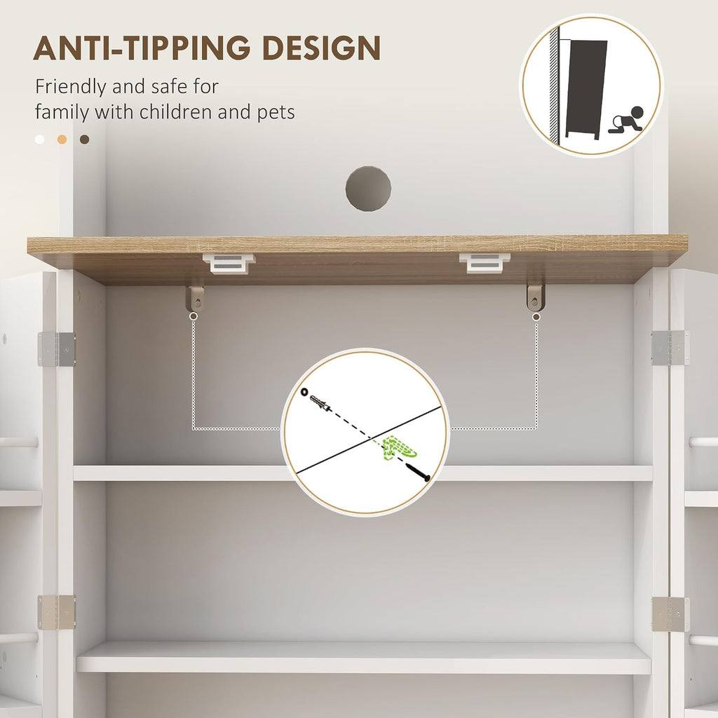66' Adjustable-Shelf Freestanding Storage Cabinet, Kitchen Storage Bakers Rack with Microwave Stand, Utility Food Cupboard with Anti-tip Design for Kitchen Dining Areas, White