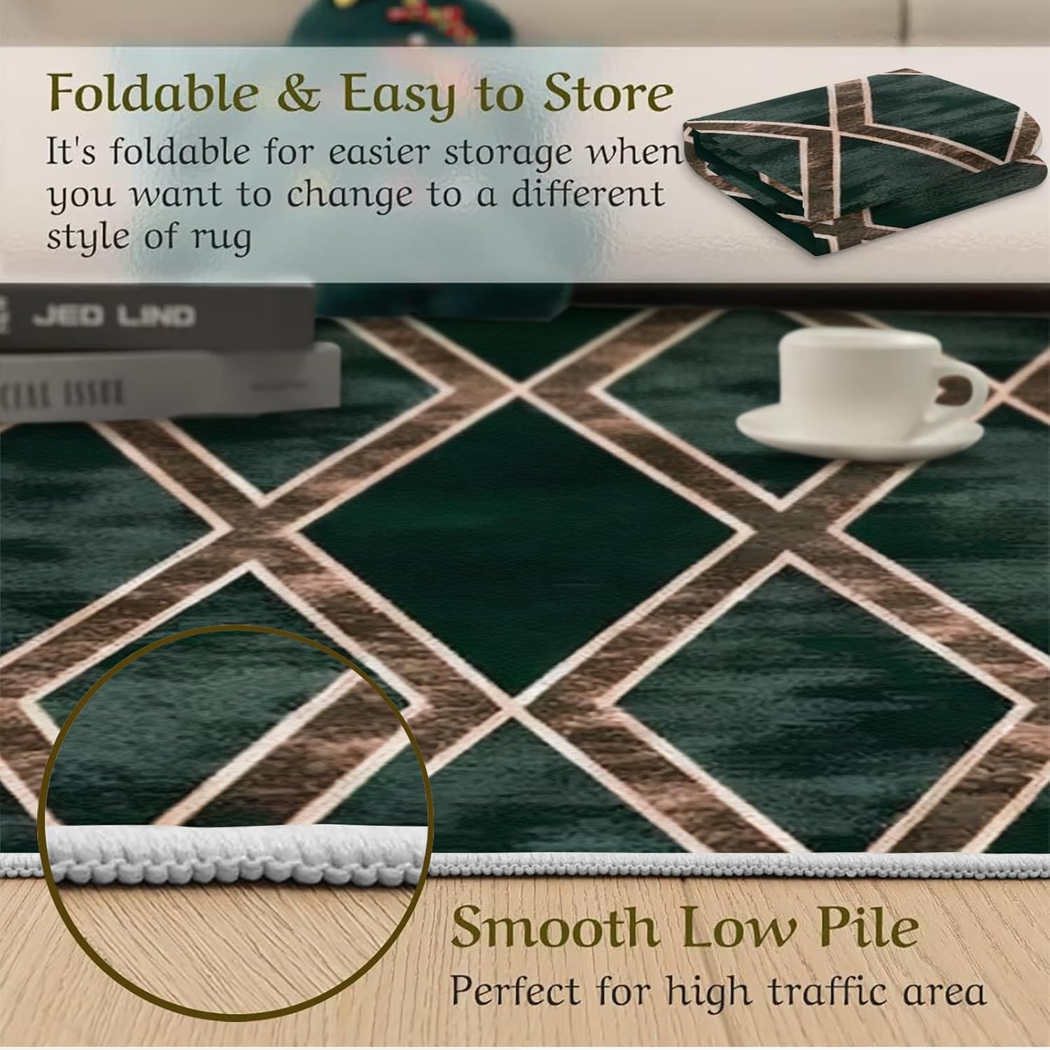 Dark Green Graffiti Texture Area Rug, Golden Line Diamond Stitching Indoor Non-Slip Kids Rugs, Machine Washable Breathable Durable Carpet for Living Dining Dorm Room Bedroom Decor,6 x 8ft