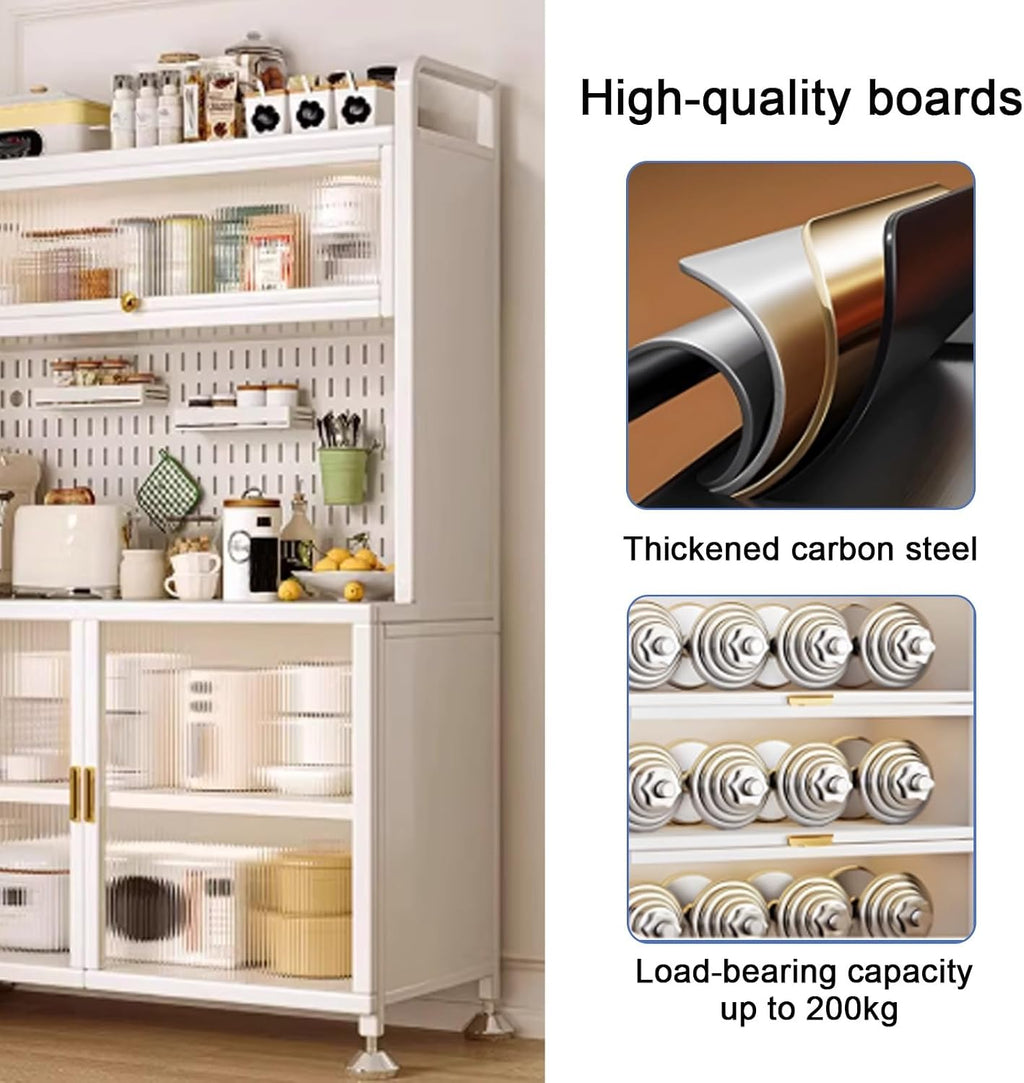 Microwave Stand, White Bakers Rack with Storage, Kitchen Hutch Pantry with See-Through Door Panels for Living Room, Study, Office