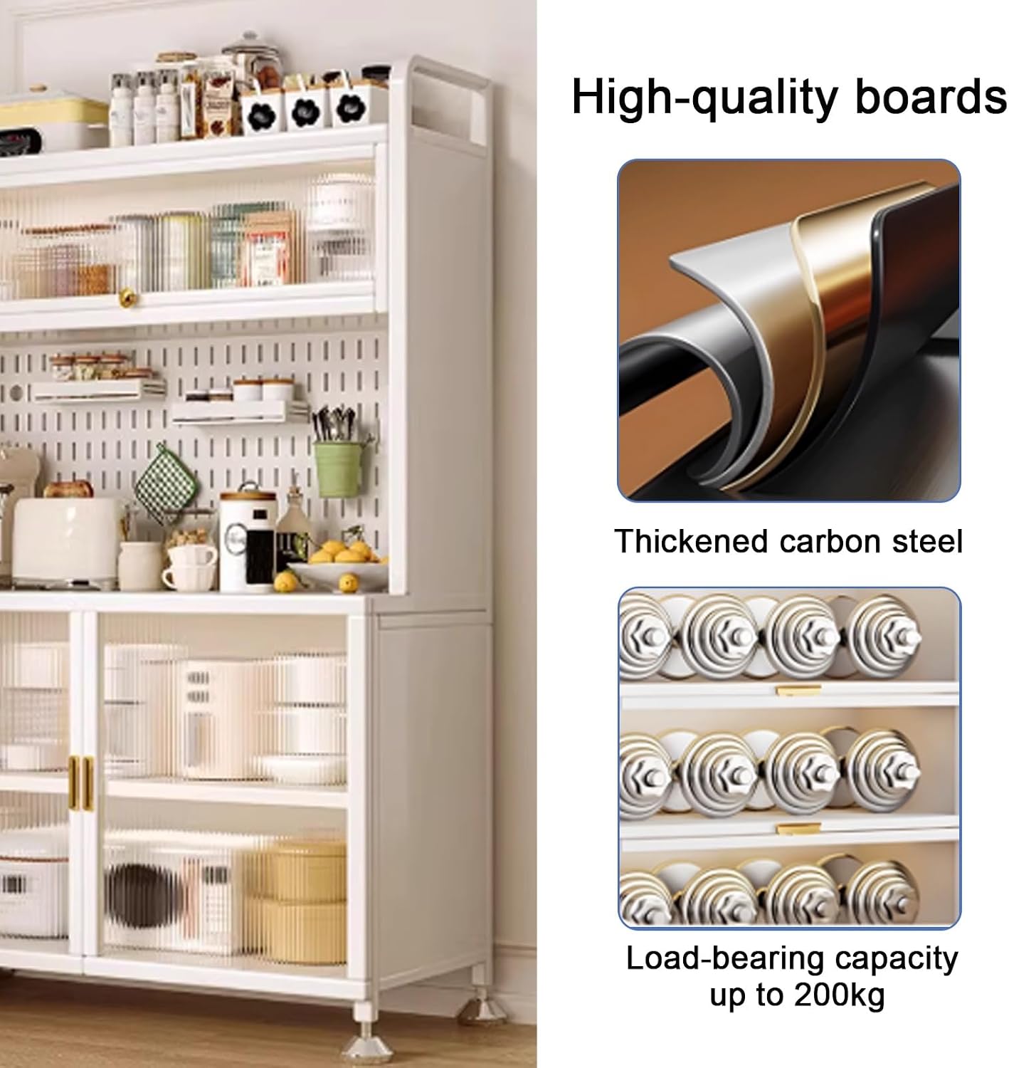 Microwave Stand, White Bakers Rack with Storage, Kitchen Hutch Pantry with See-Through Door Panels for Living Room, Study, Office