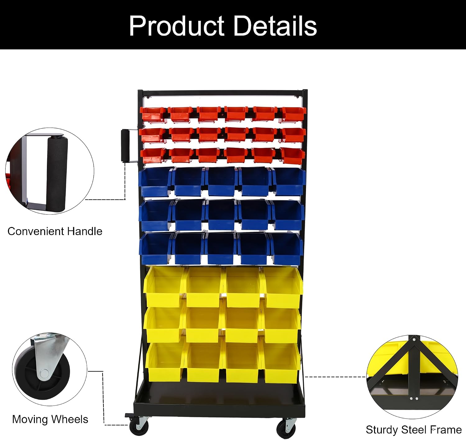 9-Tier Rolling Bin Stroage Rack with 90 Bins, Dual-Sided Parts Organizer with Wheels and Top Tray, Heavy Duty Tool Storage Rack for Workshop, Garage, Utility Use