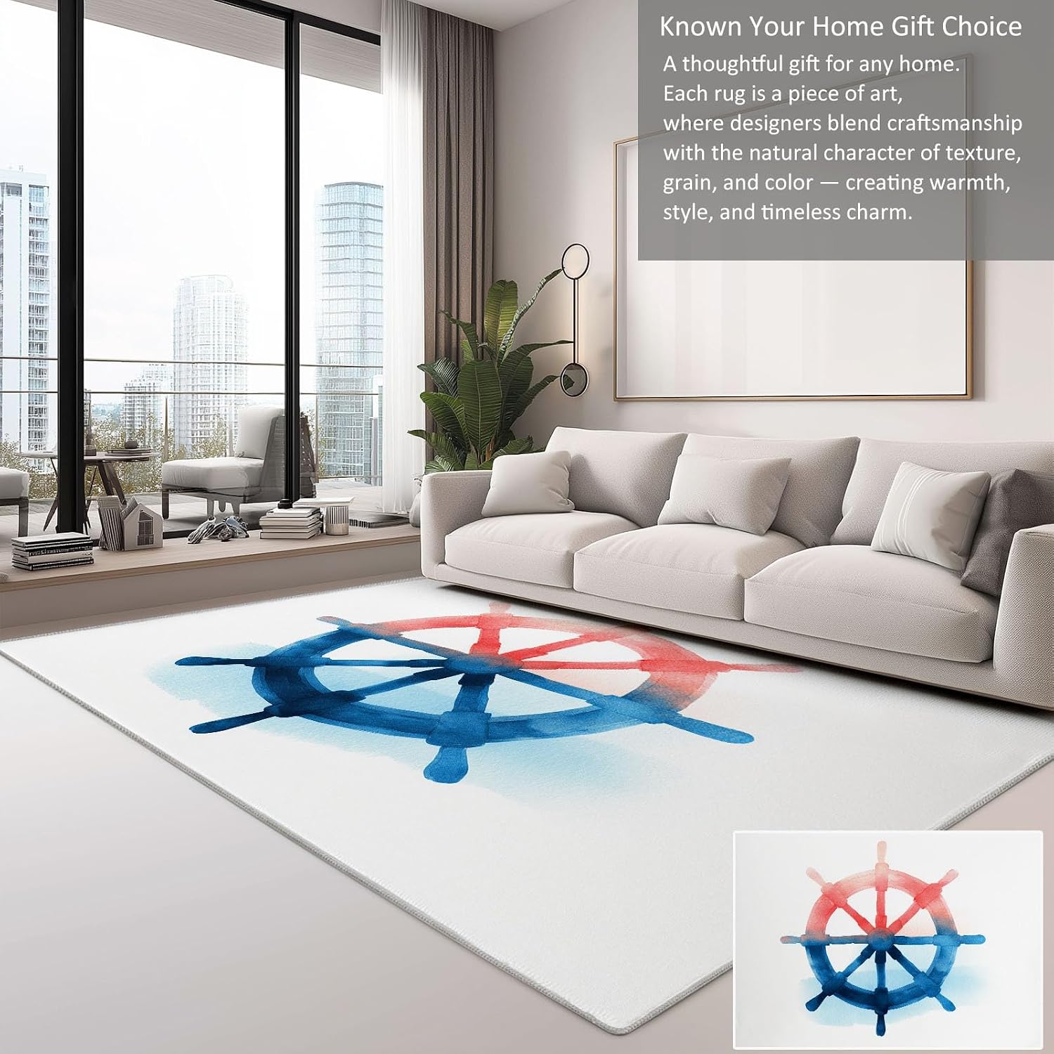 Washable Non-Slip Area Rug 5 x 7 ft, Watercolor Nautical Wheel Print Washable Rugs for Living Room - Soft Nautical Theme Low Pile Carpet for Bedroom Bedside Dining Room Nursery