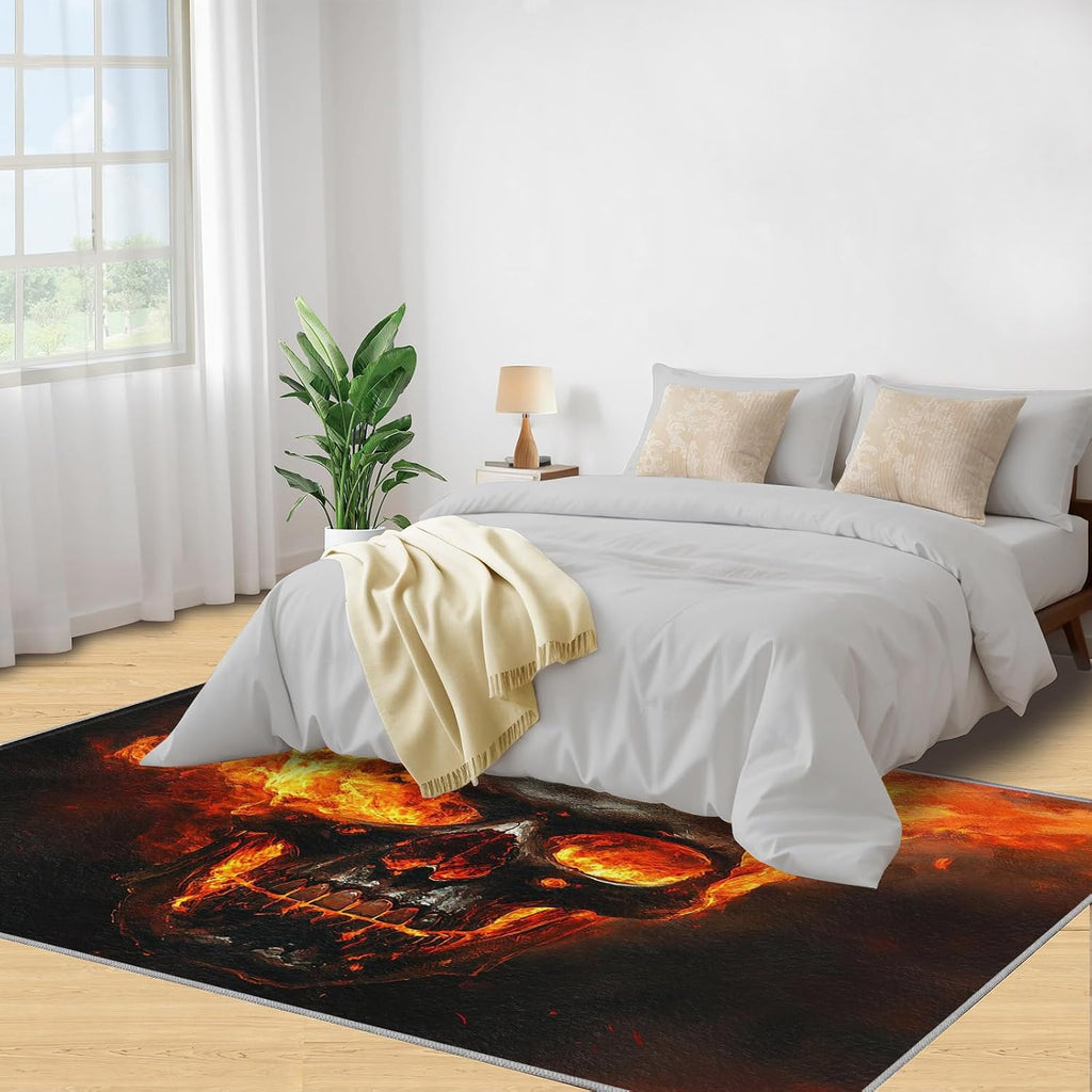 Skull Rugs for Bedroom - 6x8 Rug, Gothic Area Rugs for Living Room, Flame Carpet, Halloween Washable Area Mat, Skull Carpet, Halloween Home Decor & Gifts