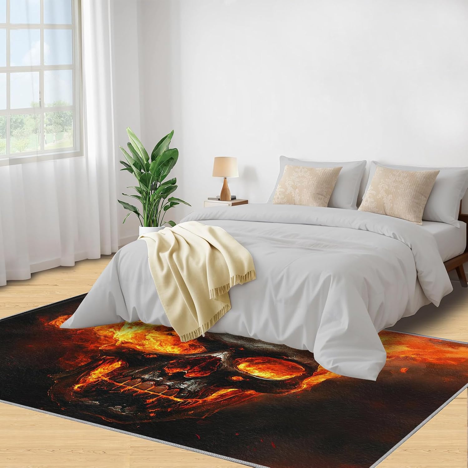 Skull Rugs for Bedroom - 6x8 Rug, Gothic Area Rugs for Living Room, Flame Carpet, Halloween Washable Area Mat, Skull Carpet, Halloween Home Decor & Gifts