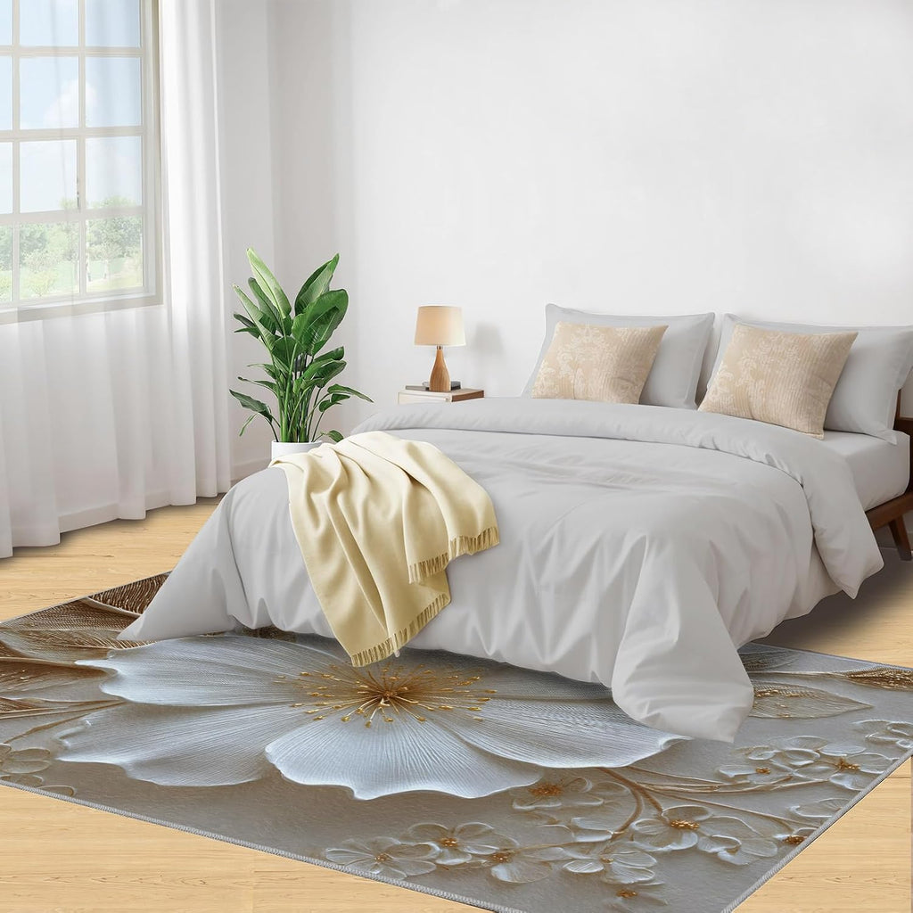 3D Relief Floral Rugs for Bedroom, Modern Relief Rug 6x8, Stereo White Flowers Dining Room Rugs Washable & Non Slip Large Carpet for Home Decor
