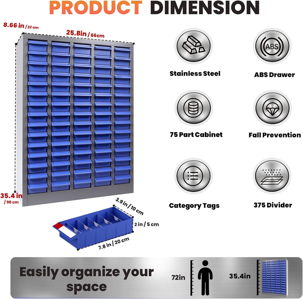 75 Drawers - Part Cabinet, Shelves & Label Stickers - Bolt and Nut Organizer Bolt Bin Cabinets, Durable Steel Tool Storage Cabinet for Garage/Workshop Small Parts/Hardware Organization
