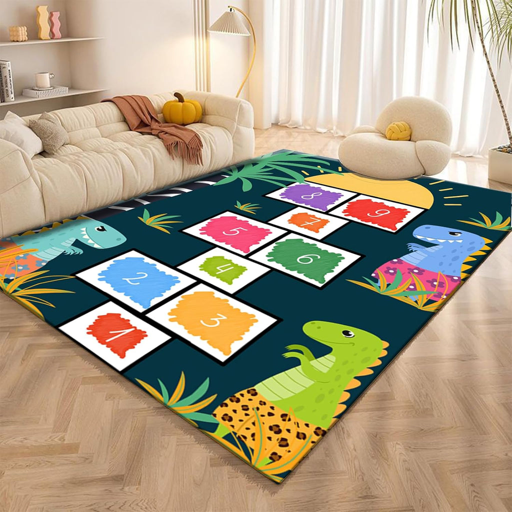 Cartoon Hopscotch Rugs for Kids, 6x8ft, Cute Dinosaur Colorful Classroom Carpets, Printed Fade Resistant Durable Area Rug, Dirty Resistant Easy Clean Rugs for Bedroom Living Room
