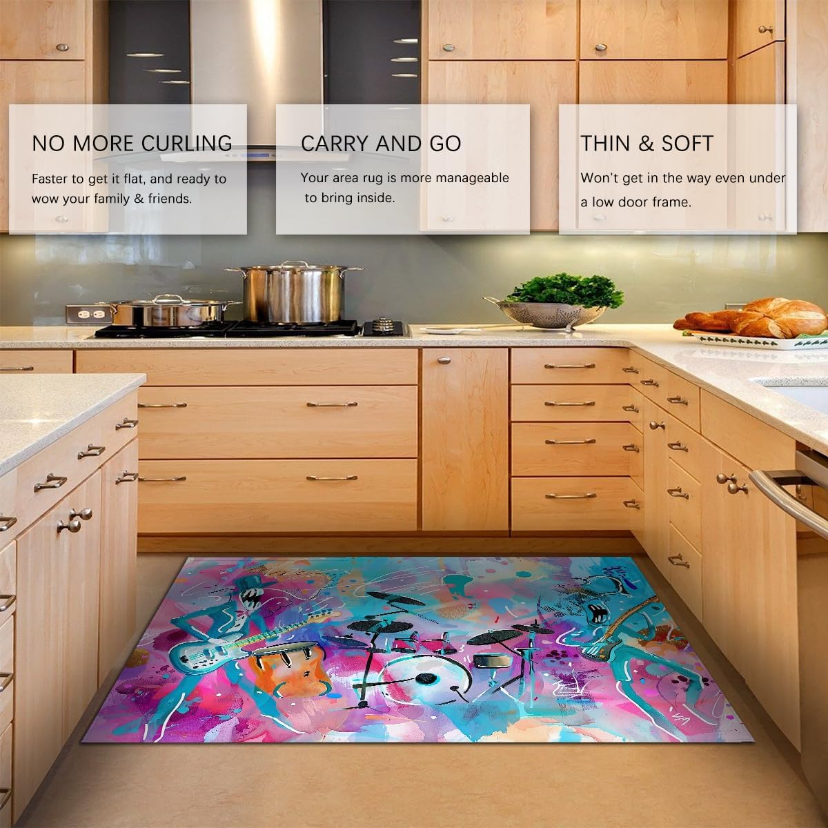 Abstract Music Graffiti Area Rug Washable 8x10ft Colorful Guitar Drums Printed Low Pile Carpet for Living Room Music Studio Home Decor Floor Mat