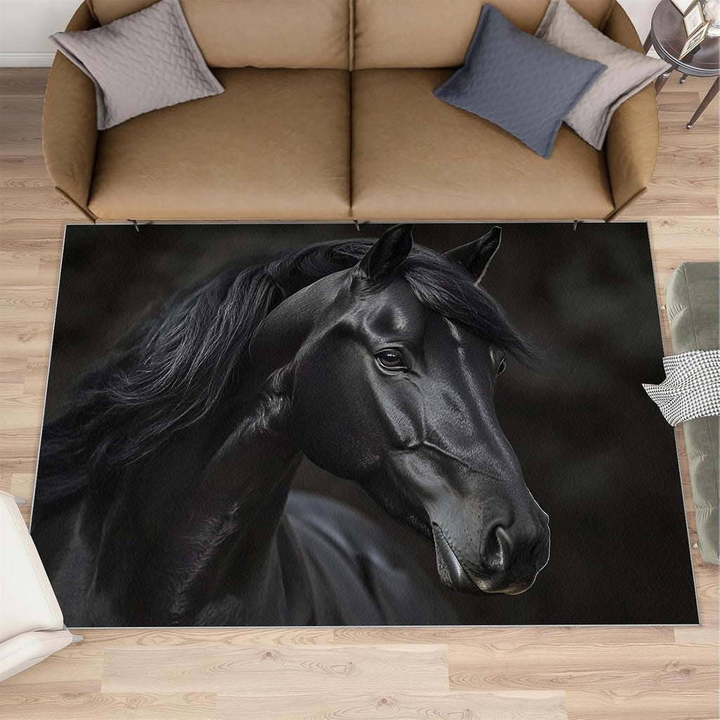 Dark Horse Rugs for Bedroom, Handsome Horse Area Rug, Low Pile Home Decor Carpet for Living Room Study Office Kitchen Dining Room Floor Mat 6x8