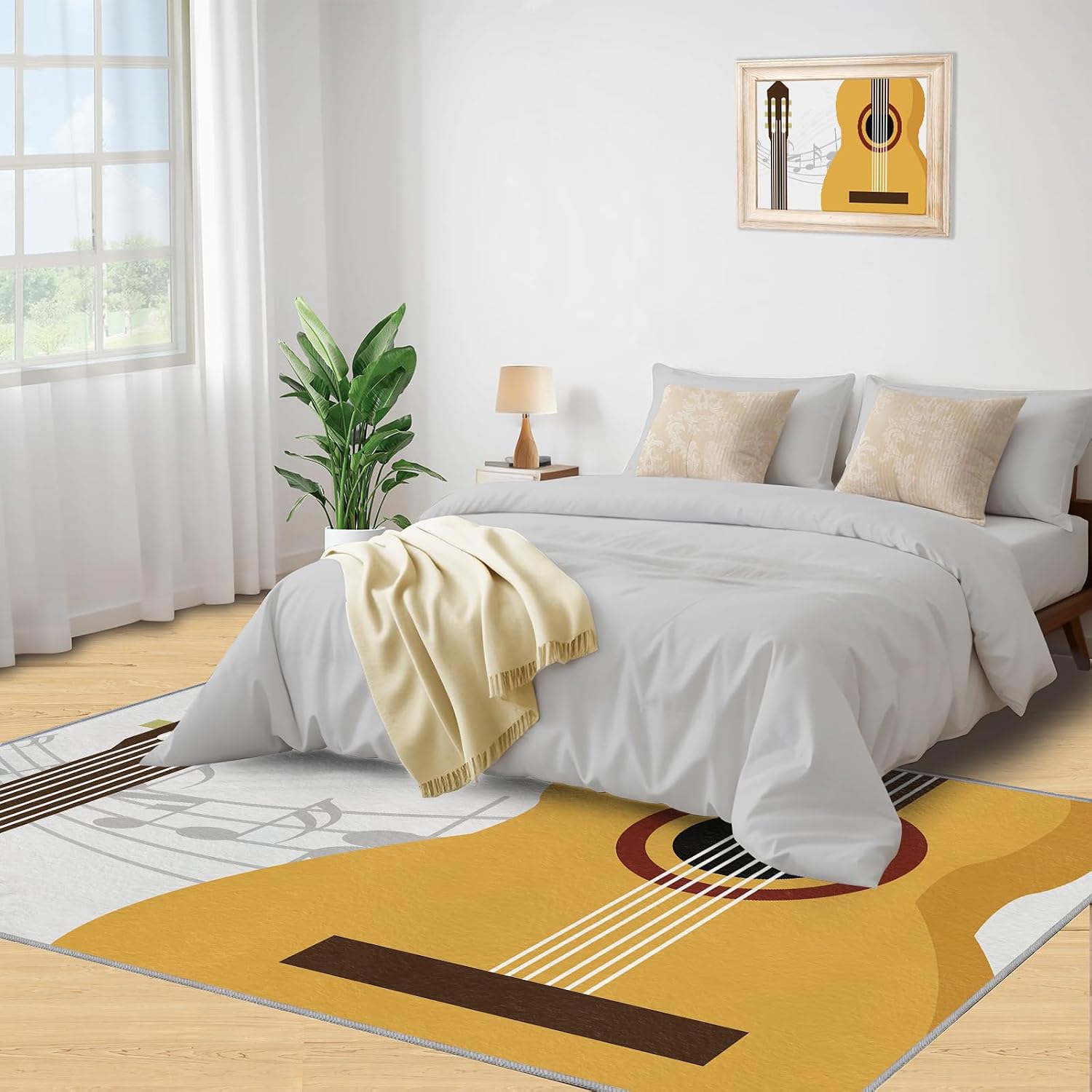 Modern Guitar Enthusiast Area Rug, Lilting Musical Notes Rugs for Living Room, Indoor Non-Slip Kids Rugs, Machine Washable Breathable Durable Carpet for Front Entrance Floor Decor,6 x 9ft