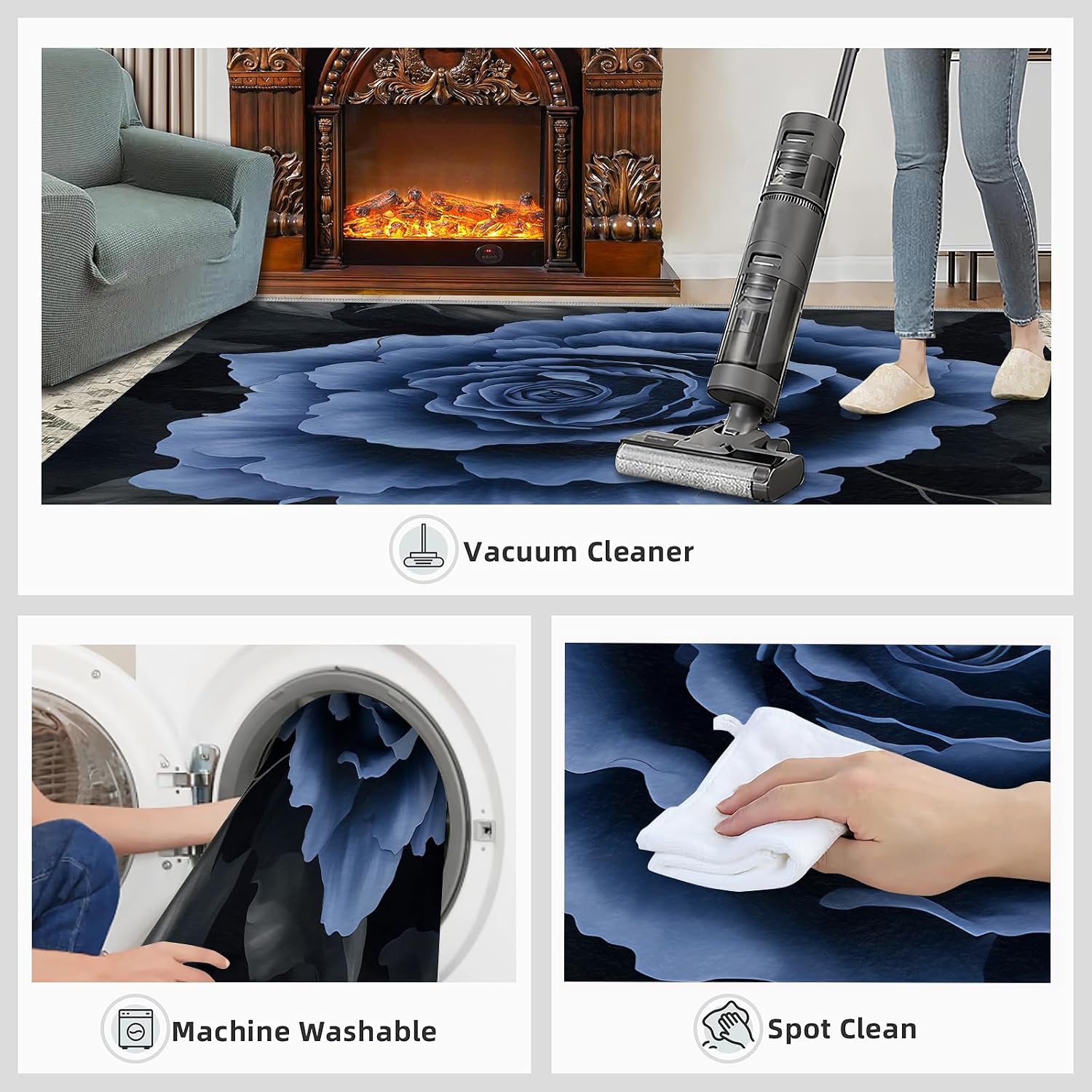 Dream Blue Roses Area Rug, Classical Black Leaves Rugs for Living Room, Indoor Non-Slip Kids Rugs, Machine Washable Breathable Durable Carpet for Front Entrance Floor Decor,6 x 8ft