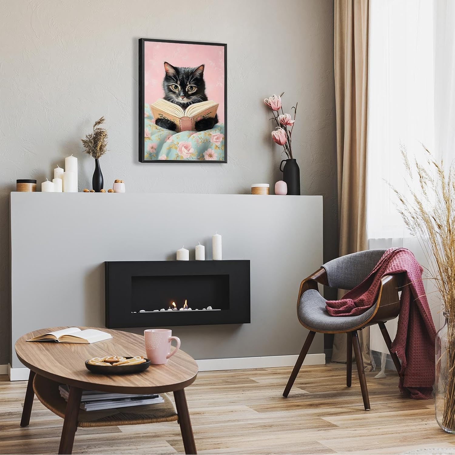 Vintage Cute Cat Canvas Wall Art Funny Cat Covered With Quilt Reading A Book Poster Trendy Cat Lovers Animal Aesthetic Prints Painting For Girls Room Bedroom Dorm Wall Decor 24x36in Framed