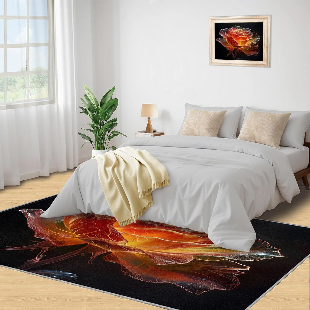 Area Rug 6x8ft, Red Glass Flowers Rugs for Living Room, Creative Popular Beautiful Bedroom Rug, Machine Washable Breathable Durable Indoor Carpet for Bedside Porch Entryway Office