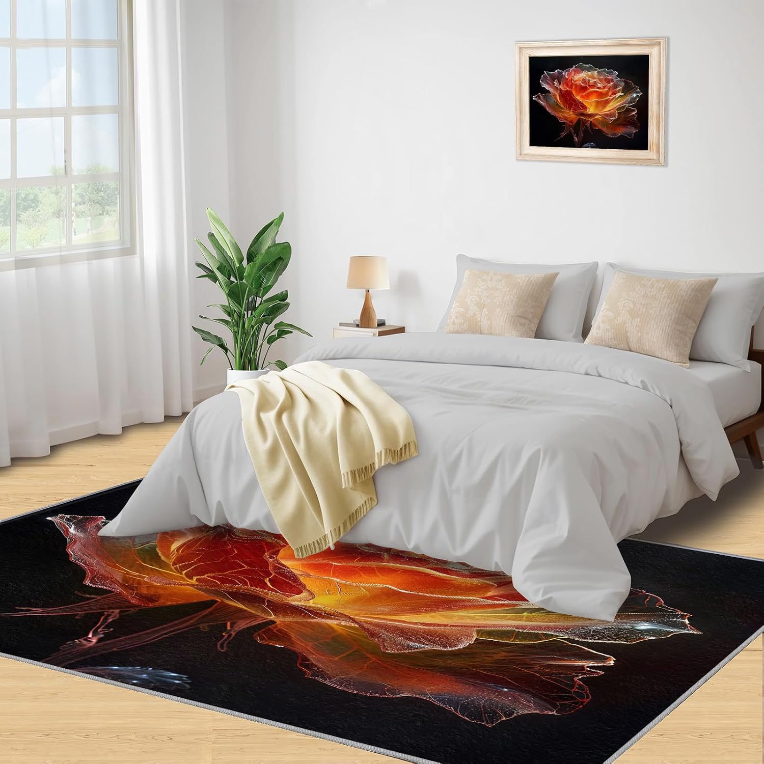 Area Rug 6x8ft, Red Glass Flowers Rugs for Living Room, Creative Popular Beautiful Bedroom Rug, Machine Washable Breathable Durable Indoor Carpet for Bedside Porch Entryway Office