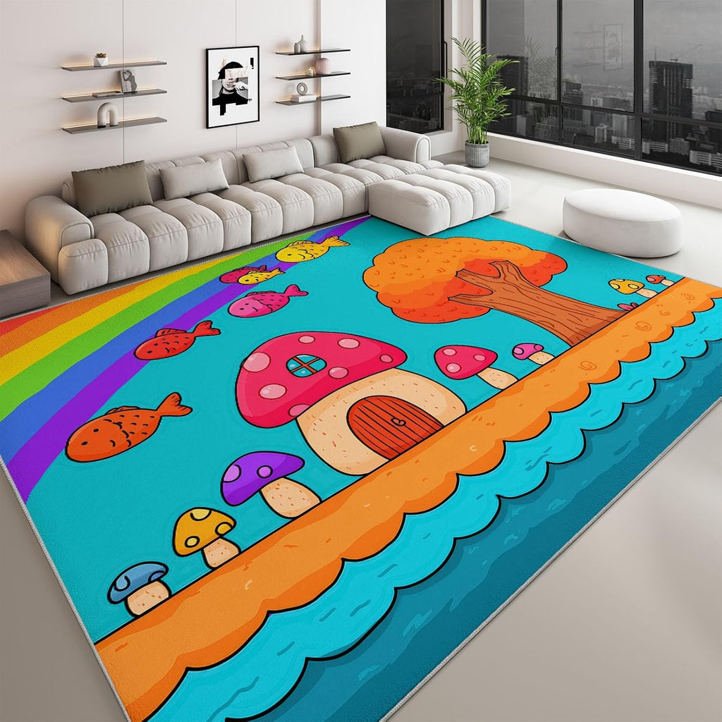 Cartoon Area Rug 5 x 7 ft for Living Room Bedroom, Ocean Animals Fish Rainbow Indoor Washable Kitchen Carpet Non-Slip Low-Pile Carpet Lightweight Rug for Dining Room Bathroom Door Mat