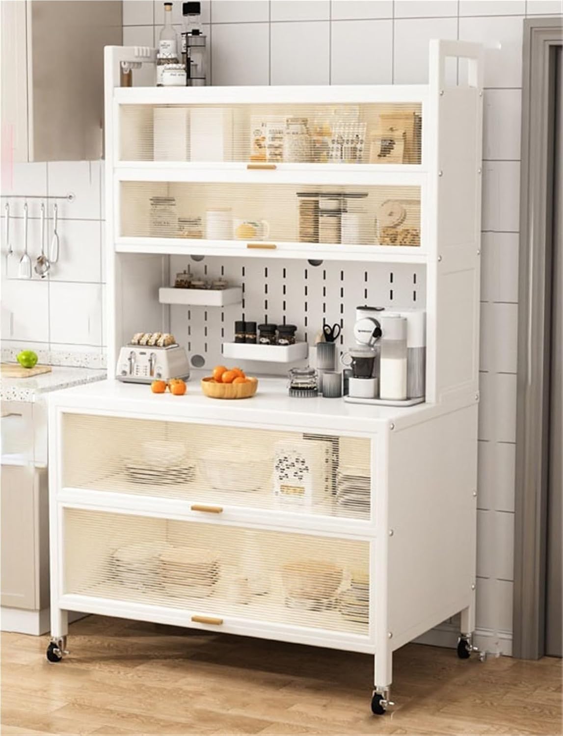 Kitchen Pantry Storage Cabinet Shelf Microwave 6-Tier Stand with Storage with Flip Door and Wheels Metal Sideboard Baker's Rack Coffee Bar for Spices Pots Pans ﻿,Freestanding Organizer