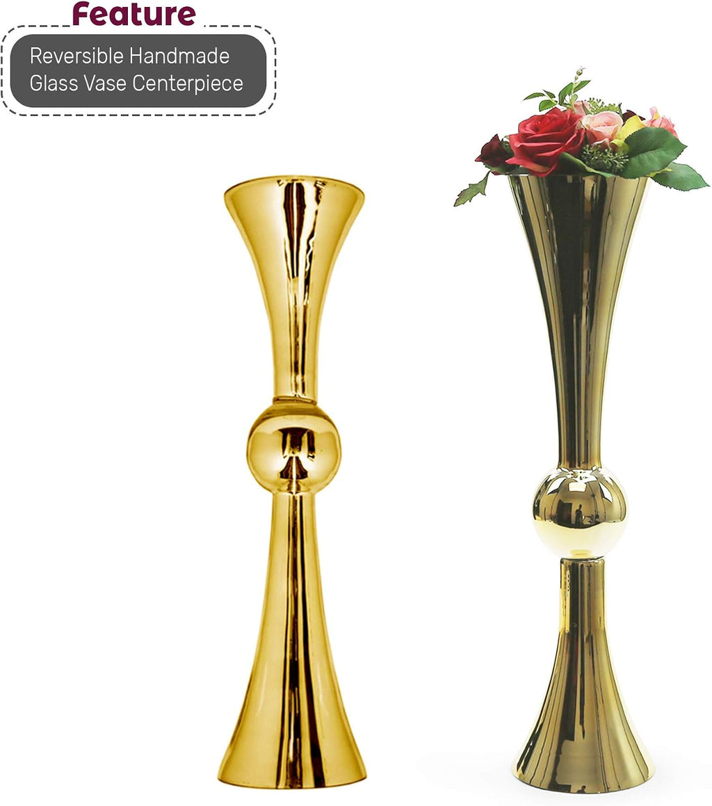 WGV Tall Trumpet Vase Bulk, Open 6', Height 24', Base 6', (Multiple Size/Color Choices) Gold Reversible Latour Floral Wedding Centerpiece Home Event Decor, 4 Pieces (VTV2124GD)