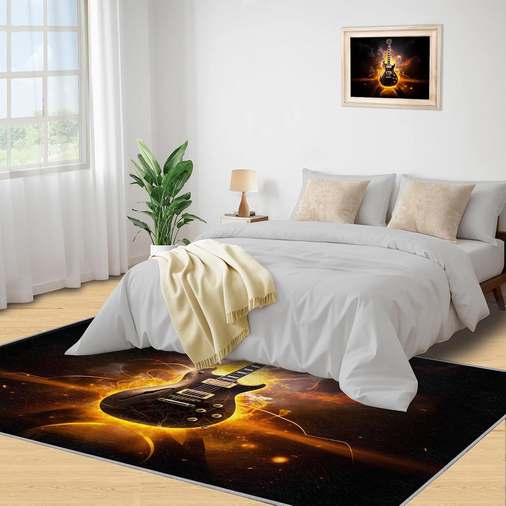 Guitar Rugs for Music Room - 5x7 Rug, Boys Musical Home Decor, Music Washable Rugs for Living Room Bedroom, Cool Gold Area Rug, Rock and Roll Carpet, Electric Guitars Gifts for Men