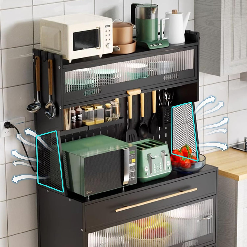 Metal Kitchen Storage Cabinets, Bakers Rack with Storage, Kitchen Microwave Stand, with Drawers, Hooks * 8, Foot Pads * 4(White,100cm)