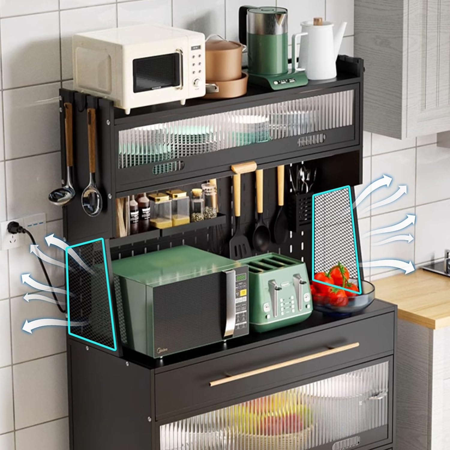 Metal Kitchen Storage Cabinets, Bakers Rack with Storage, Kitchen Microwave Stand, with Drawers, Hooks * 8, Foot Pads * 4(White,100cm)